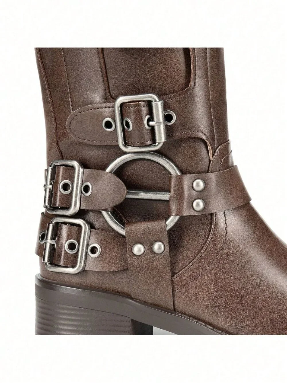 Brown Women's Slip On Knee High Square toe Buckles Motorcycle Riding Boots